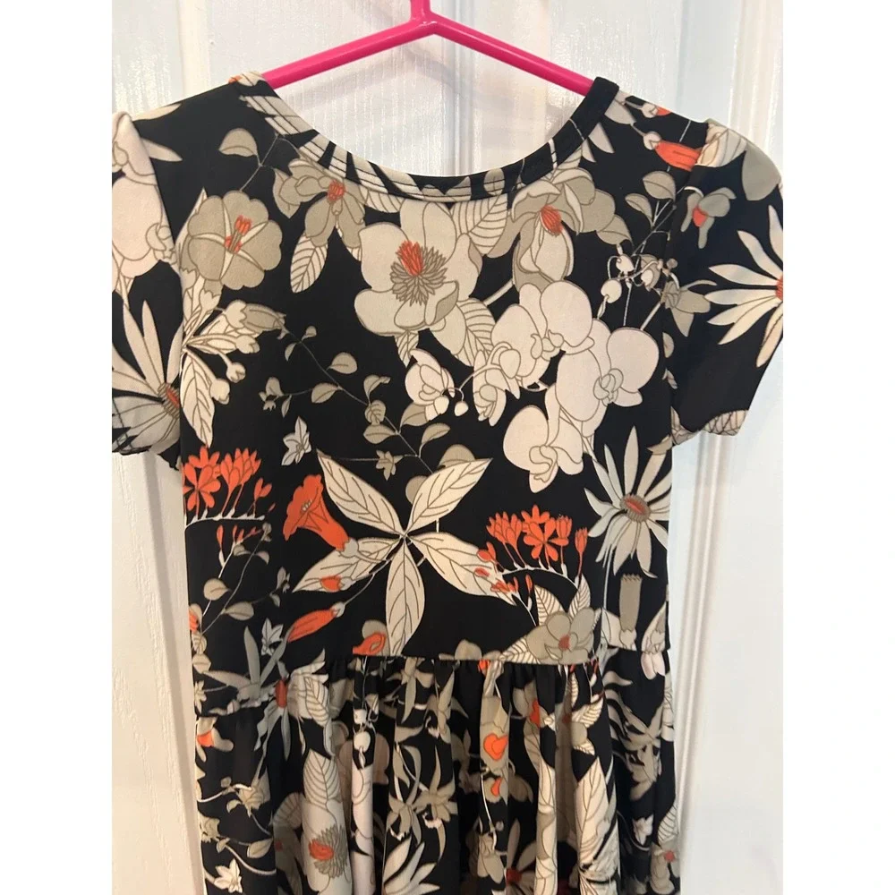 DotDotSmile Fit and Flare‎ Dress Black Orange Floral Puff Sleeve Twirl Dress 3/4